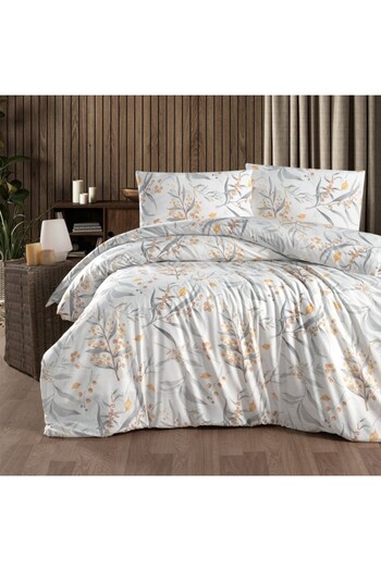 First Choice White bed linen with leaves, 100% cotton ranforce, 4 pieces, fitted sheet with elastic, Tegan Anthracite