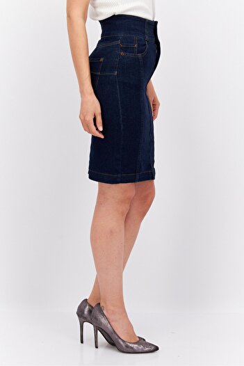 Esprit Women Dark Washed Denim Midi Skirt, Navy