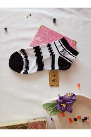 ENEFENDİ 2 Pairs of Booties Socks Seamless Toe Cotton Short Booties Patterned Women's Socks 36-40 Black White