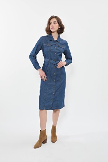BANNY JEANS Kadın Önden Düğmeli Kemerli Jean Elbise