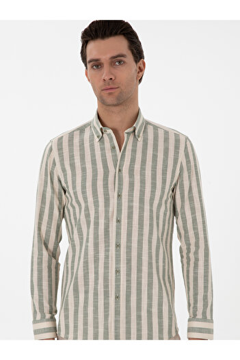 Cacharel Haki Slim Fit Çizgili Pamuklu Gömlek 50311079-VR027