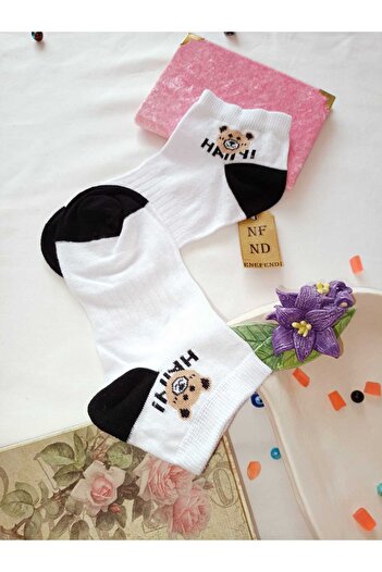 ENEFENDİ 3 Pairs of Seamless Socks Booties Soft Cotton Short Socks Patterned Women's Socks 36-40 Black White