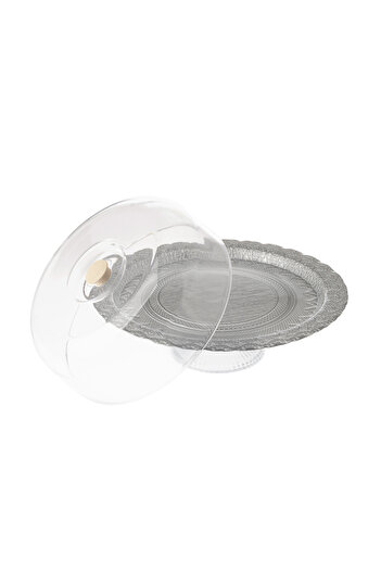 Byblos Turkish Glass Cake Plate With Acrylic Cover Silver Color