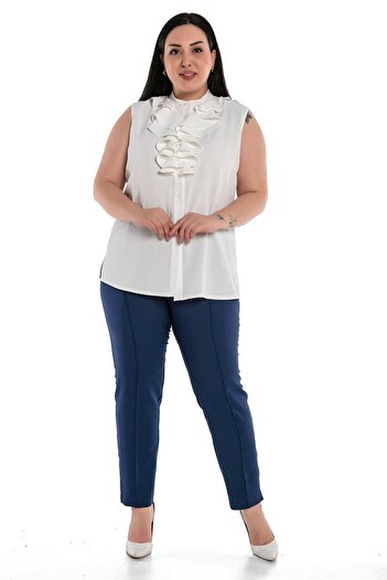 DISENTIS MODEST Plus Size Two Layers Flounces Buttoned Sleeveless White Shirt