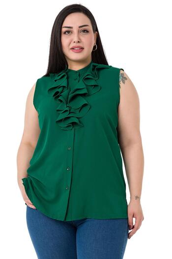 DISENTIS MODEST Plus Size Emerald Sleeveless Shirt - Two Layers of Flywheel and Button Detail