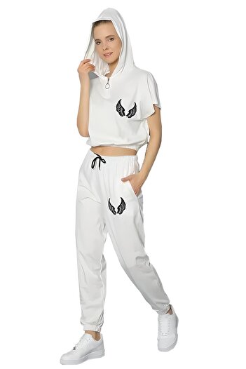 ELİTOL Wing Printed Crop Hooded Tracksuit Set - (5612)