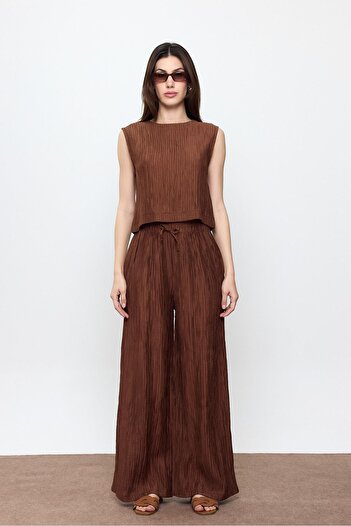 SHERIN Brown Corded Elastic Waist Palazzo Trousers