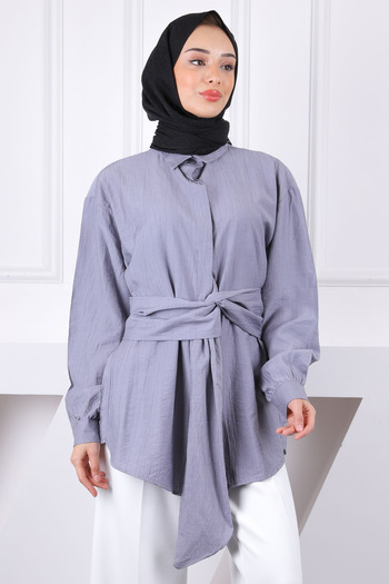 İmajButik Gray Waist Belted Modal Shirt