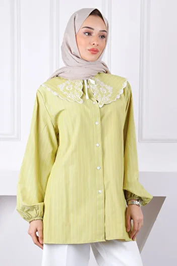 İmajButik Oil Green Collar Detailed Shirt