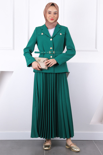 İmajButik Emerald Green Belted Jacket Skirt Crepe Suit