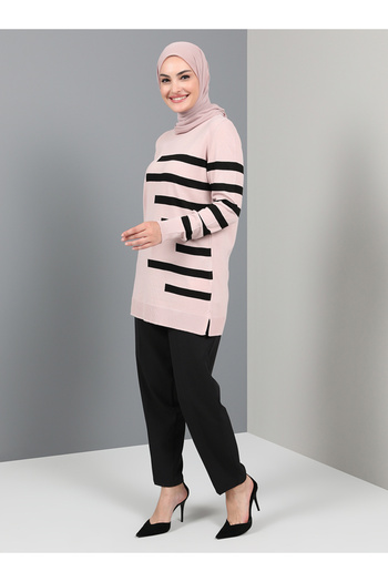 Tavin 80cm Powder Colored Crew Neck One-Way Striped Knitwear Tunic