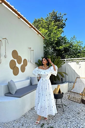 Modayakamoz Λιλά Φόρεμα Κέντημα με Ελαστικά Ώμους
