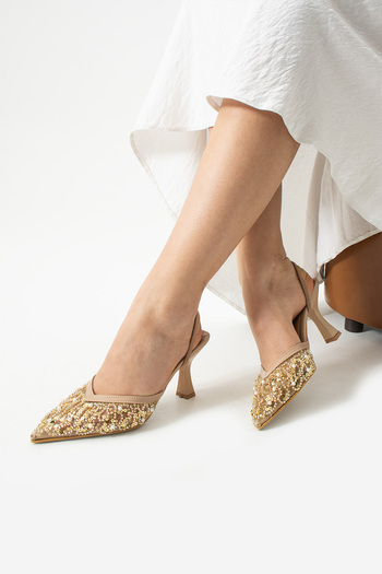 DUXAL SHOES Alberta Feather Beaded Detailed Open Back Heeled Shoes