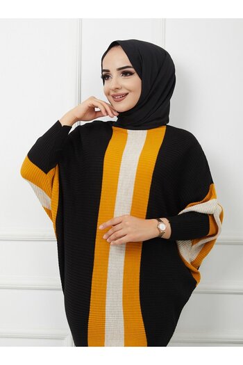 SAHRA BUTİK Bat Sleeve Striped Knitwear Tunic - Black - Sahra Butik