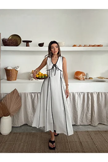 Lusin Women's Ecru Stripe Detailed Lined Long Summer Linen Dress