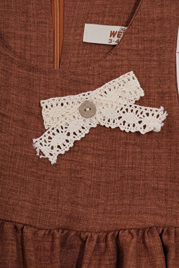 zepkids Crew Neck Lace Detailed Brown Color Girl's Dress with Hat Accessories