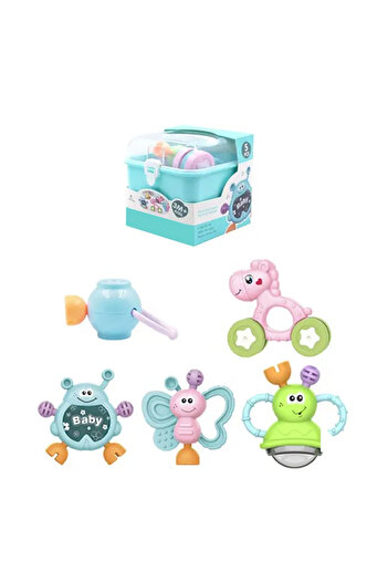 Generic 5-Piece Multi-Shaped Baby Rattle Toy Set With Blue Storage Box