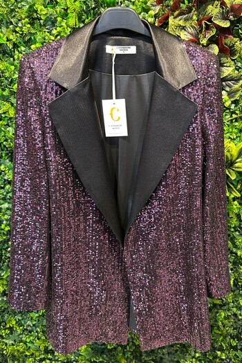 Cashmere Moda Women's Satin Collar Lined Belted Sequined Sequin Jacket