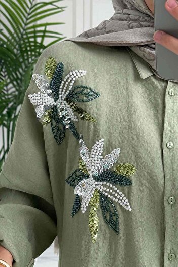 Ka Hijab Green Beadwork Relaxed Fit Shirt