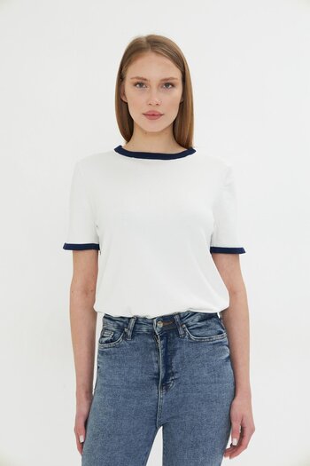 Irmak Kerekli Women's Crew Neck Colorful Piping Short Sleeve Knitwear Blouse 2105