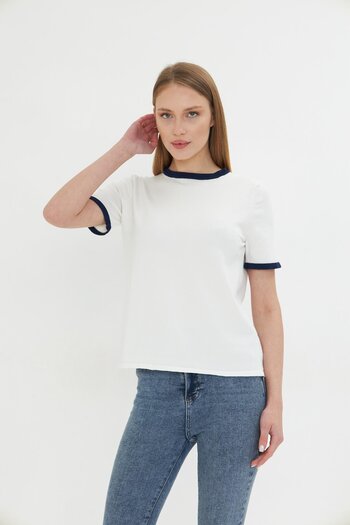 Irmak Kerekli Women's Crew Neck Colorful Piping Short Sleeve Knitwear Blouse 2105