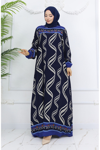 sefamerve Viscose Fabric Elastic Sleeve Dress 0031-05 Navy Blue