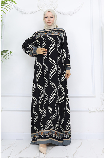 sefamerve Viscose Fabric Elastic Sleeve Dress 0031-01 Black
