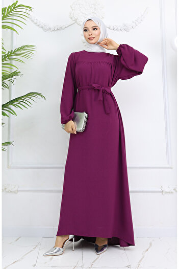 sefamerve Crepe Fabric Elastic Dress with Sleeves 0029-06 Purple