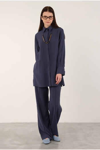 HEQA Modal Pipe Leg Trousers Navy Blue