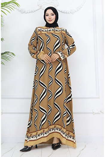 sefamerve Milky Brown Viscose Sleeve Elastic Dress 0031-02