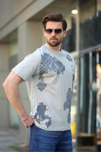 Madmext Painted Gray Men's T-Shirt 100% Cotton Patterned E7142