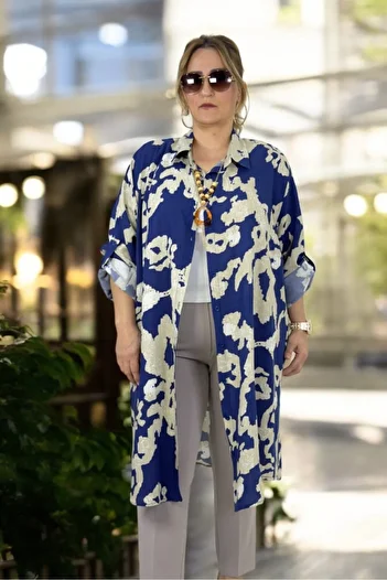 yagmurberen Foldable Sleeve Detail Patterned Front Buttoned Long Sleeve Oversized Tunic Dress