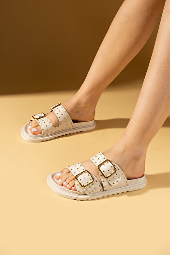 Ege's Shoes Beige Women's Orthopedic Sole Slippers Double Banded Buckle Daily Comfortable Slippers
