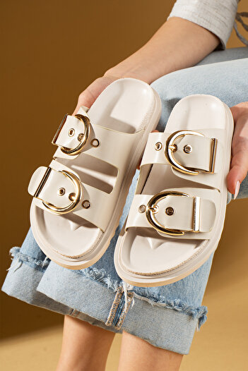 Ege's Shoes Beige Women's Orthopedic Sole Slippers Double Banded Buckle Daily Comfortable Slippers
