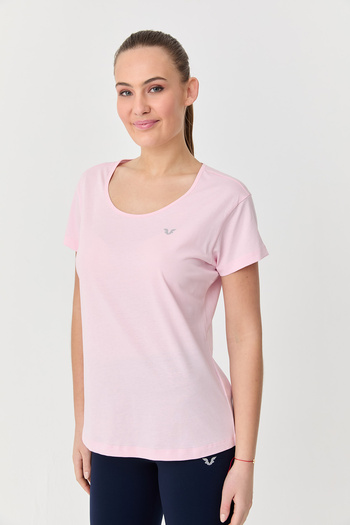 bilcee Women's Pink Cotton Back Detailed Short Sleeve T-Shirt 9713