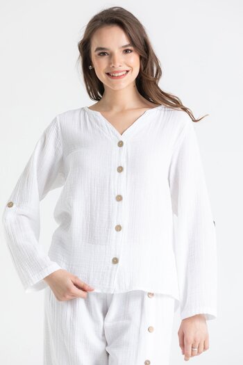 Eliş Şile Bezi Long Sleeve Pearl Summer Muslin Shirt White Byz