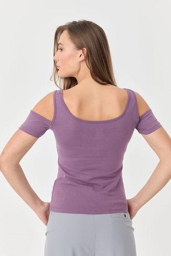 bilcee Women's Lilac Cotton Lycra Shoulder Detailed Athlete T-Shirt 9735