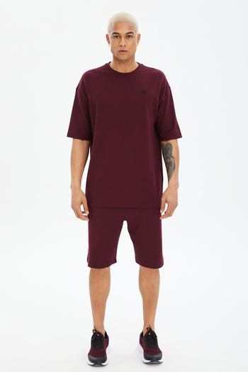 bilcee Men's Claret Red Soft Textured Owersize Crew Neck Sports T-Shirt Shorts Set 0690