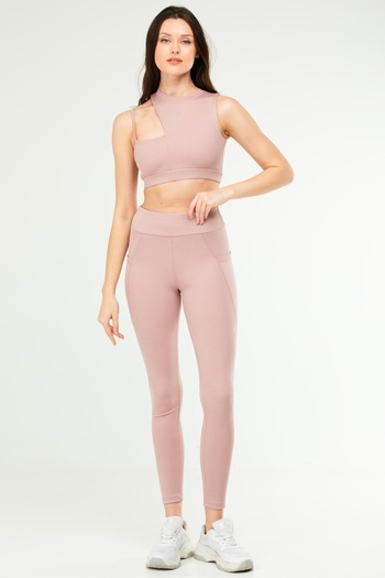 speedlife Pudra Slim Fit Yüksek Bel Toparlayıcı Kadın Tayt Takım SB0849