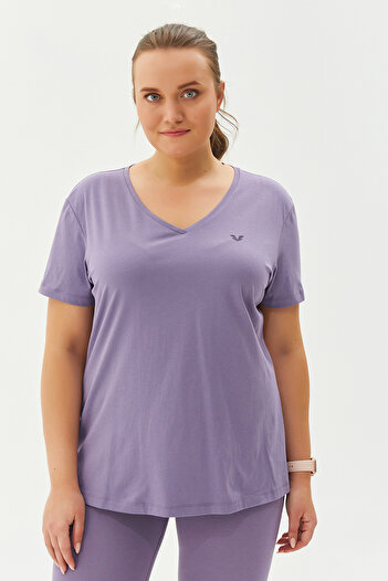 bilcee Women's Purple Large Size V-Neck 100% Cotton T-Shirt 8758