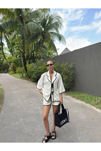 My Blog Natural - Black Piping Detailed Shorts Set - 9000