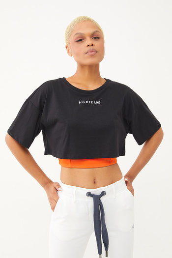 bilcee Women's Black Organic Cotton Oversize Crop Short Sleeve Sports T-Shirt 0763