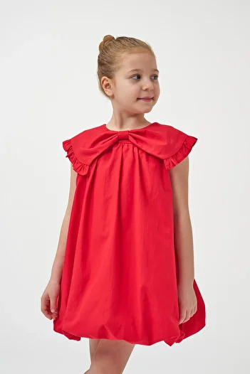 Minipodyum Girl's Bow Collar Woven Summer Balloon Dress