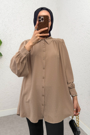 Salih Çelebi Stone Decorated Balloon Sleeve Shirt 2284 - Mink