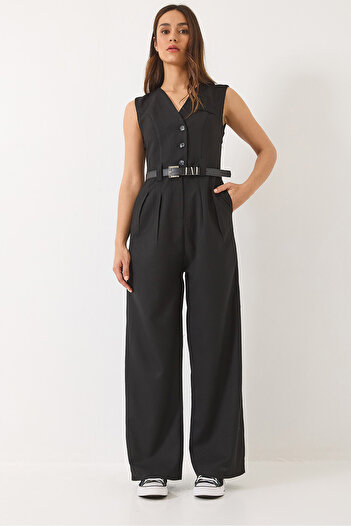 Bianco Lucci Women's V-Neck Belted Pocket Wide Leg Jumpsuit 90021 60283050