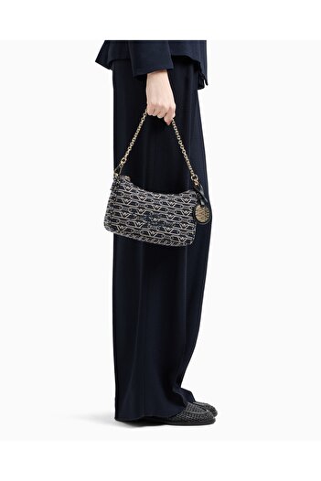 Emporio Armani Kadın Yüm Yüzeyi Kartal Logolu Jakarlı Fermuarlı Bez Lacivert Omuz Çantası EW001892 AF16095-FB237