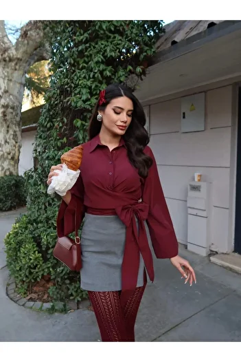 LE CARAMBOLE Women's Burgundy Lacing Detailed Shirt
