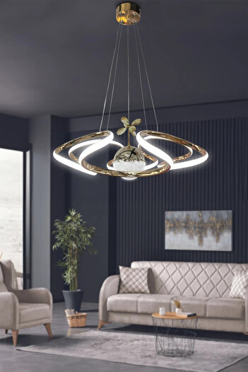 RSCOLLECTIONS Dron Modern 4 Kol Tek Top Sarkıt Power Led Avize - 3 Renk Kumandalı Gold