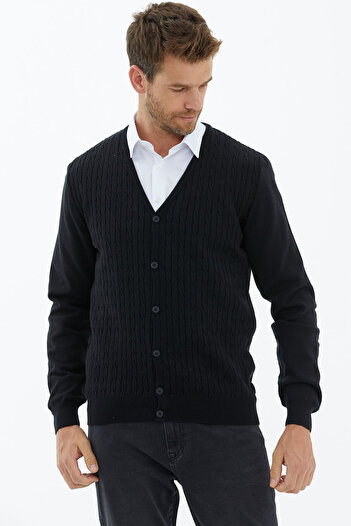 Sementa Suede Garnished Hair Braided Knitwear Cardigan - Black