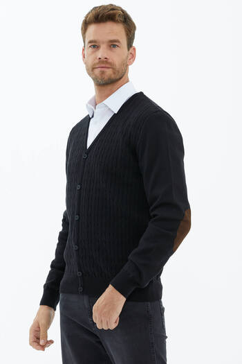 Sementa Suede Garnished Hair Braided Knitwear Cardigan - Black
